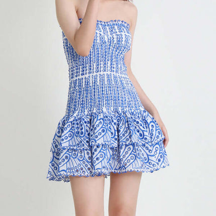 Elegant Strapless Embroidered Ruffle Hem Short Dress for Women side angle