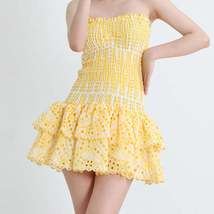 Elegant Strapless Embroidered Ruffle Hem Short Dress for Women fashion photo