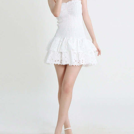 Elegant Strapless Embroidered Ruffle Hem Short Dress for Women fitted waist