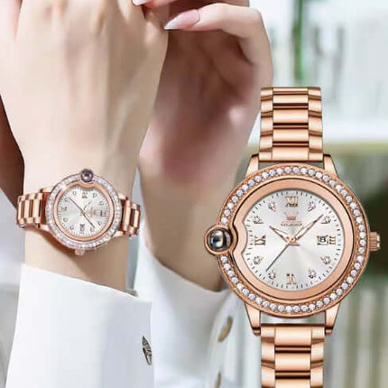 Elegant Waterproof Women Rose Gold Luxury Watch displayed on a woman's wrist, showcasing its exquisite design and style.