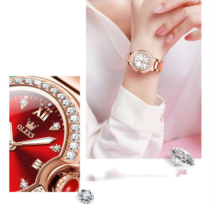 Elegant Waterproof Women Rose Gold Luxury Watch displayed on a wrist, featuring a stunning red face and diamond embellishments.