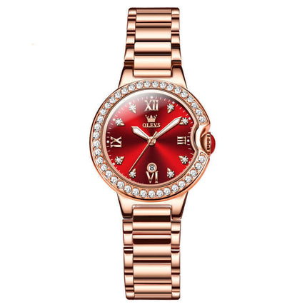 Elegant Waterproof Women Rose Gold Luxury Watch with red dial and diamond accents.