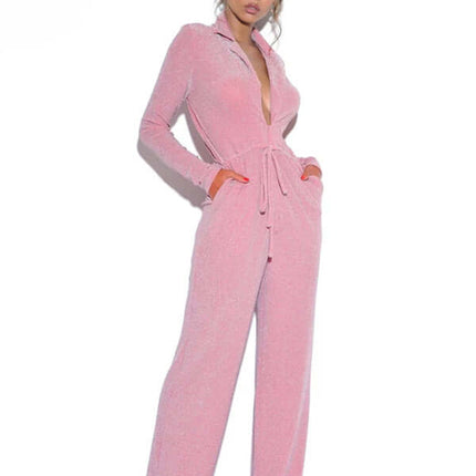 Elegant Wide Leg V Neck Long Sleeve Jumpsuit for Women front view