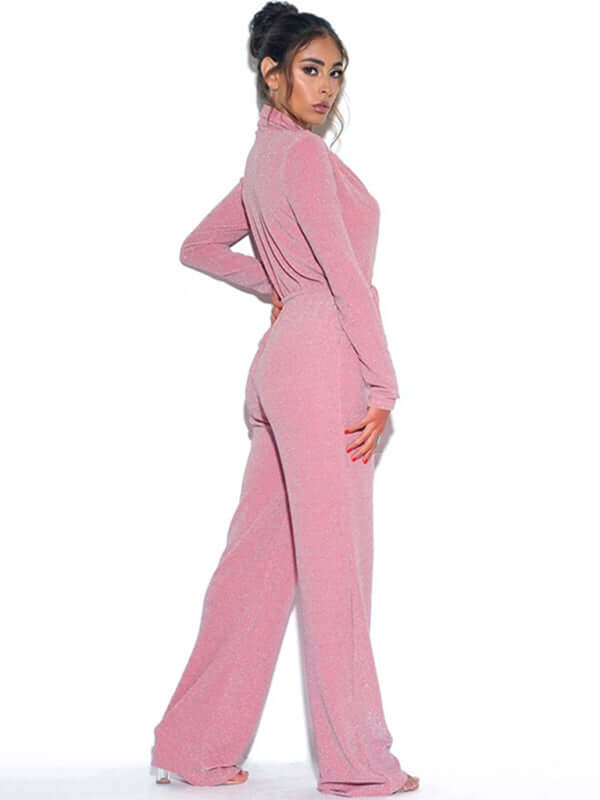 Elegant Wide Leg V Neck Long Sleeve Jumpsuit for Women full length design