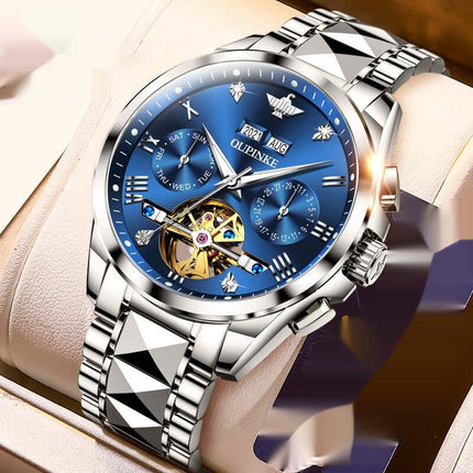 Elite Hollow Mechanical luxury men's watch with blue dial and mechanical movement on display.