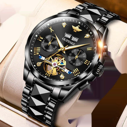 Elite Hollow Mechanical luxury mens watch with black band, intricate dial design and waterproof features.