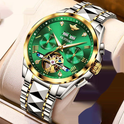 Elite Hollow Mechanical luxury men's watch with a green dial and gold accents, 50M waterproof design.