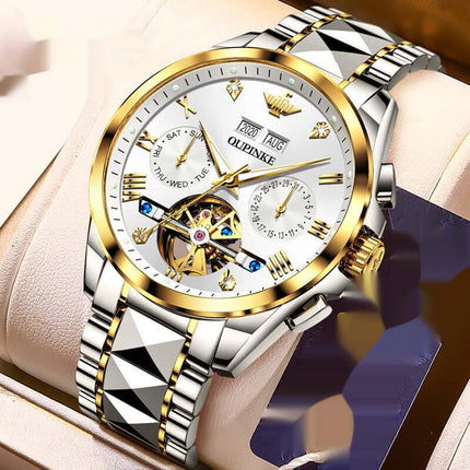 Elite Hollow Mechanical: 50M Waterproof Luxury Mens Watch with stylish design and elegant details.