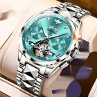 Elite Hollow Mechanical luxury men's watch with turquoise face and silver band, showcasing mechanical movement.