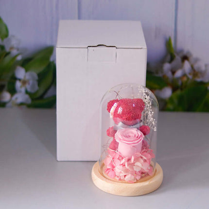 Eternal Rose Bear in Glass Dome blue flower with log bottom base.