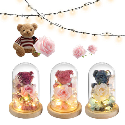 Eternal Rose Bear in Glass Dome front view showing the cute teddy.