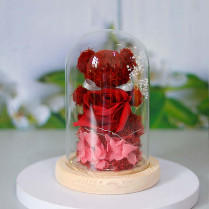 Eternal Rose Bear in Glass Dome romantic atmosphere decoration.