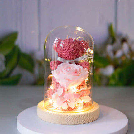 Eternal Rose Bear in Glass Dome hypoallergenic silk flower detail.