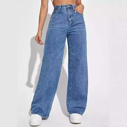 European And American Ladies Jeans Casual Mid Waist blue wide-leg jeans for women, stylish and comfortable design.