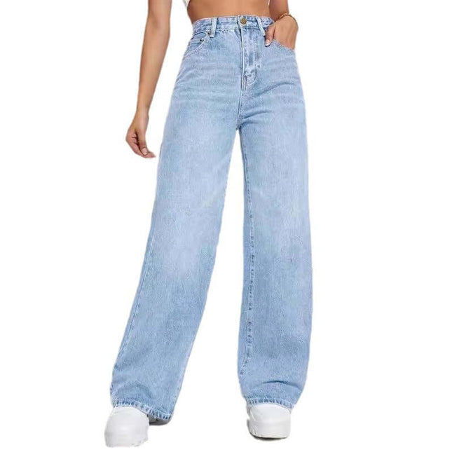 European And American Ladies Jeans casual mid waist in light blue denim with wide-leg style