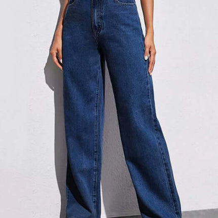 European And American Ladies Jeans Casual Mid Waist wide-leg denim jeans worn by a model in a stylish pose.