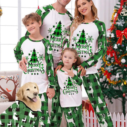Family Matching Christmas Pajamas – Classic Plaid Holiday Sleepwear Sets for Adults & Kids featuring a family and their dog.