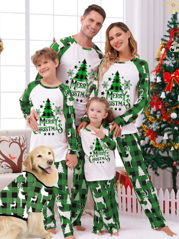 Family Matching Christmas Pajamas – Classic Plaid Holiday Sleepwear Sets for Adults & Kids featuring a family and their dog.