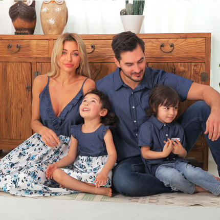 Family Matching Denim Sling Skirt dark blue cotton outfit.