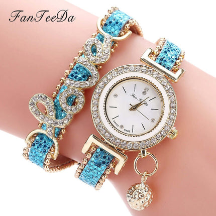 FanTeeDa Women Bracelet Watch Rhinestones Fashion Clock stainless steel back cover.