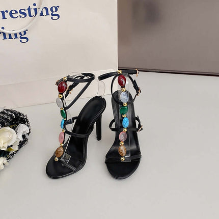 Fashion Colorful Beads Buckle Sandals Summer Stiletto High Heel Shoes Women Party Pumps elegant evening dress match
