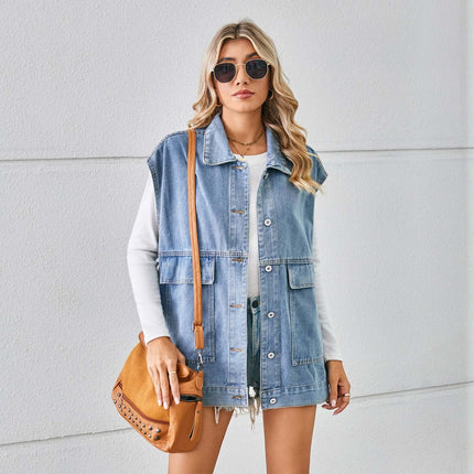 Fashion Denim Vest With Big Pockets for Women, stylish and practical for casual outfits.