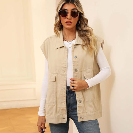 Fashion Denim Vest With Big Pockets for Women worn by a stylish model with sunglasses.