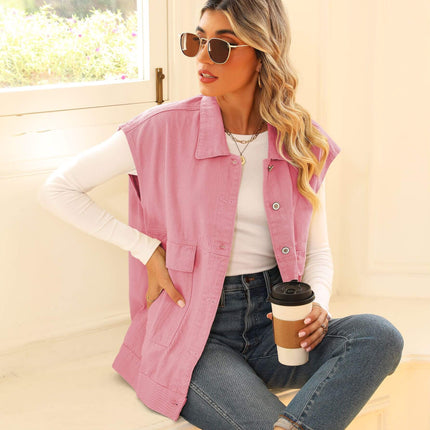 Fashion Denim Vest With Big Pockets for Women in pink color, styled casually with coffee and sunglasses.