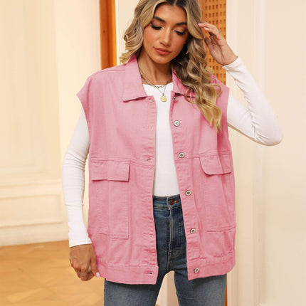 Fashion Denim Vest With Big Pockets for Women in pink color, stylish and functional, perfect for casual outfits.