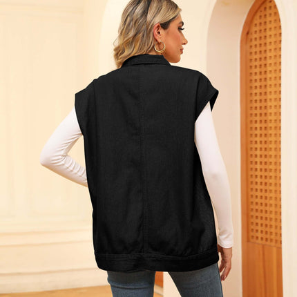 Fashion Denim Vest With Big Pockets for Women - Back view showcasing a stylish black vest.