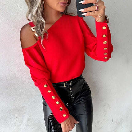 Fashion Lantern Sleeve Button Splicing Shirt elegant women top.