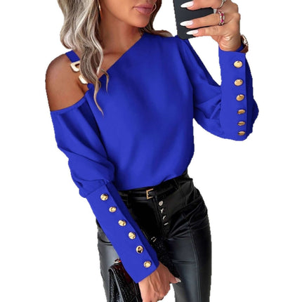 Fashion Lantern Sleeve Button Splicing Shirt blue polyester material.