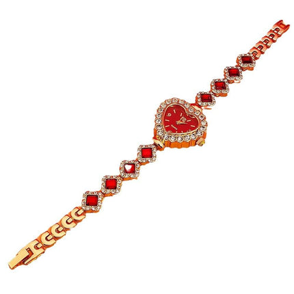 Fashion Love Shape Bracelet Watch Set Heart Diamond Gift with red heart face and sparkling stones