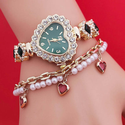 Fashion Love Shape Bracelet Watch Set Heart Diamond Gift featuring a heart-shaped watch and charm bracelets.