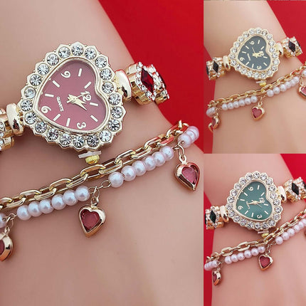 Fashion Love Shape Bracelet Watch Set Heart Diamond Gift featuring elegant heart-shaped watch and charm bracelets.