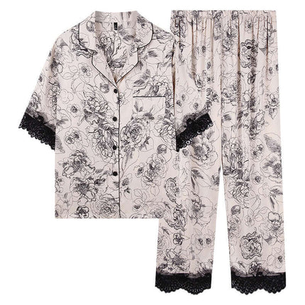 Fashion New Silk Pajamas For Women Luxury Sleepwear Set featuring floral design and lace trim.