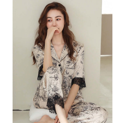Fashion New Silk Pajamas For Women Luxury Sleepwear Set featuring floral patterns and lace trim.