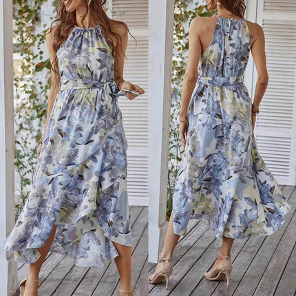 Fashion Print Halterneck Boho Leisure Vacation Dress in floral design, showcasing front and back views.