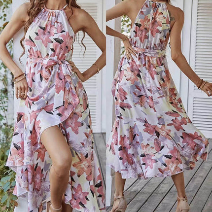 Fashion Print Halterneck Boho Leisure Vacation Dress featuring floral print and flowy design for casual outings.