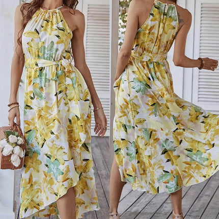Fashion Print Halterneck Boho Leisure Vacation Dress showcasing a vibrant floral design in yellow and green.