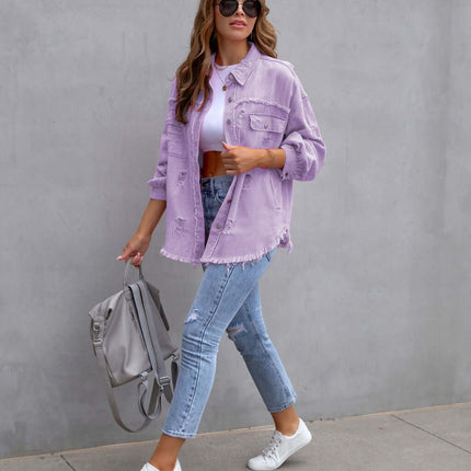 Fashion Ripped Shirt Jacket Female Casual Top worn with jeans and sneakers, stylish outfit for casual outings.