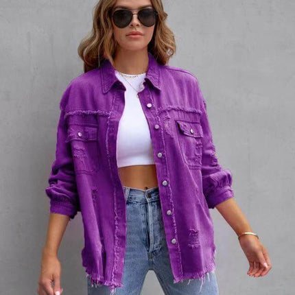 Fashion Ripped Shirt Jacket Female Casual Top in vibrant purple, worn with a white crop top and stylish jeans.