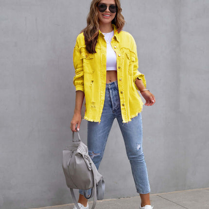 Fashion Ripped Shirt Jacket Female Casual Top in yellow, styled with a white crop top and jeans, perfect for casual outings.