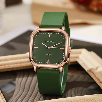 Rose Gold Square Dial Silicone Watch for Women front view