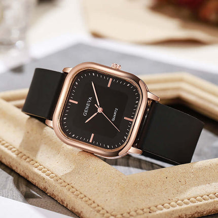 Rose Gold Square Dial Silicone Watch for Women black strap black dial