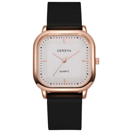 Rose Gold Square Dial Silicone Watch for Women black strap white dial
