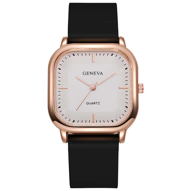 Rose Gold Square Dial Silicone Watch for Women black strap white dial