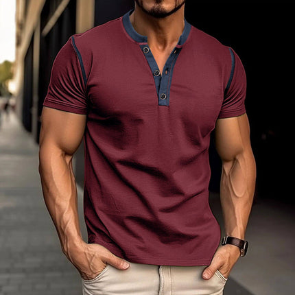 Fashion Short-sleeved Polo Shirt in maroon with button V-neck design, perfect for summer style.