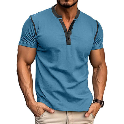 Fashion Short-sleeved Polo Shirt in blue with button V-neck design, perfect for summer wear.