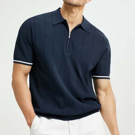 Fashion Short-sleeved Polo Shirt Summer Lapel Zipper Top white dark blue